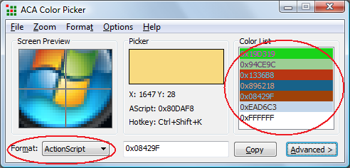 ACA Color Picker Supports for AcrionScript color code