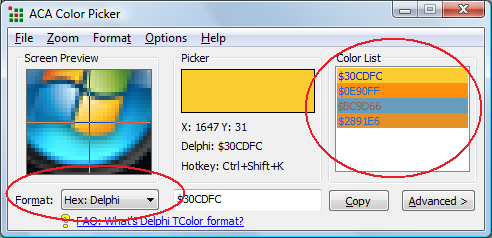 ACA Color Picker Supports for WINAPI color code