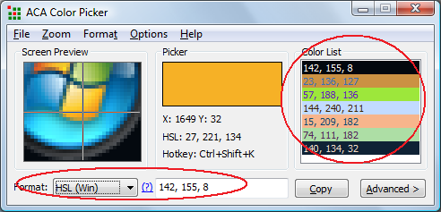 ACA Color Picker Supports for HSL/HSL(Win) color spaces