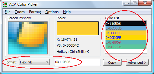 ACA Color Picker Supports for VB color code