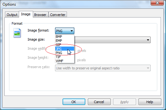 Convert web page to JPEG: On the Image page, click Image format list box, select JPG format, and then click OK button