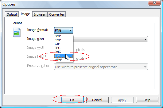 Convert web page to tiff: Click Image tab, select TIF in Image format list, and then click OK button