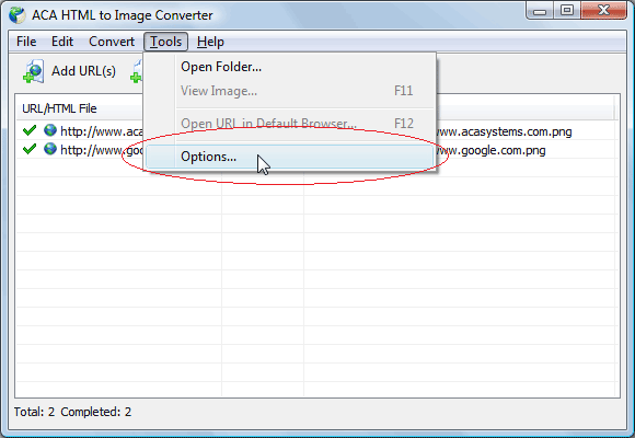 Convert web page to tiff: change the image format to TIFF, click the Tools menu, and then click Options