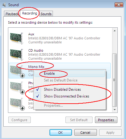 Enable Stereo Mix/Mono Mix/Wave Out Mix in Windows Vista